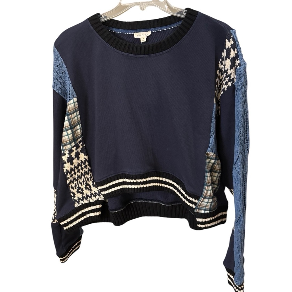 Pilcro/Anthropologie Mixed Media Sweatshirt in Blue Pattern Size M. NWT - Picture 5 of 12